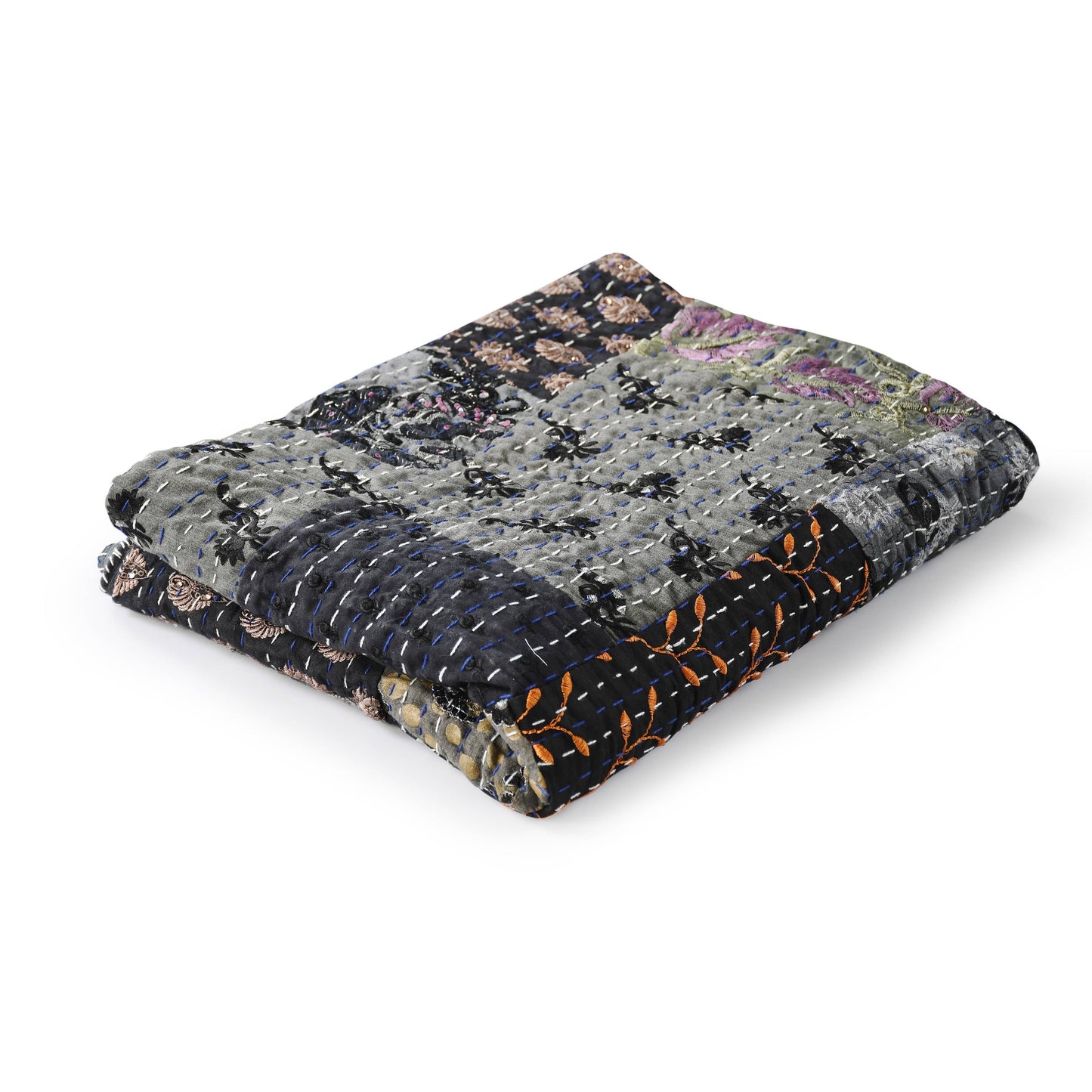 Gray Haze Quilted Boho Kantha Throw Blanket