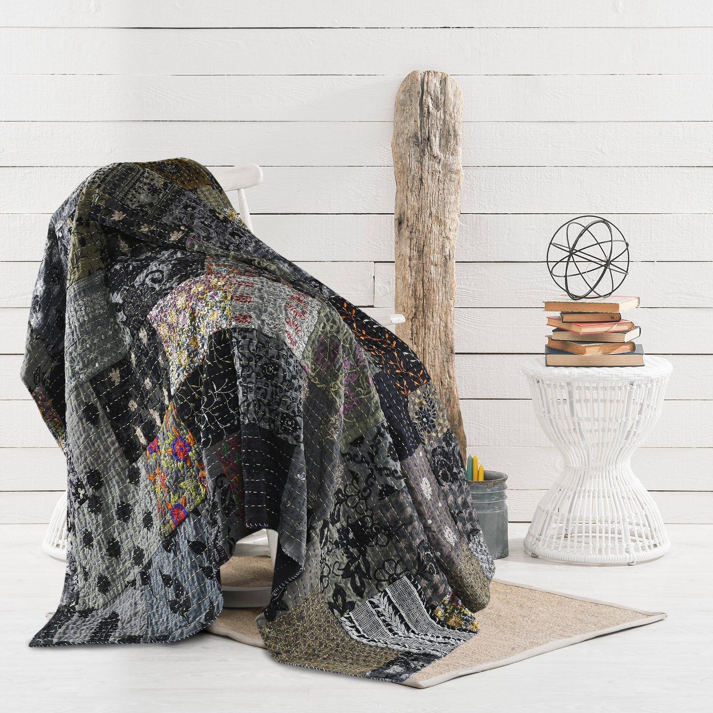 Gray Haze Quilted Boho Kantha Throw Blanket