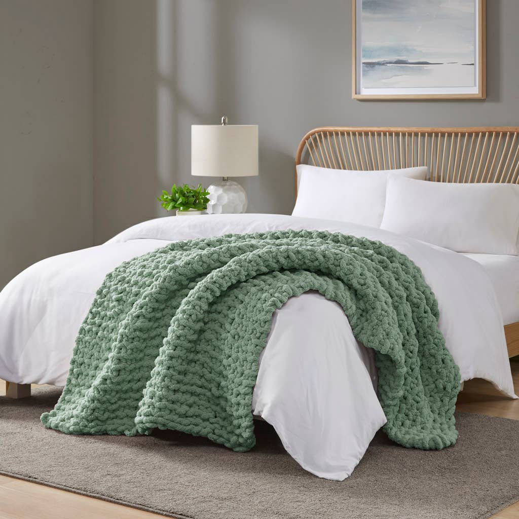 Handmade Chenille Chunky Knit Throw 50x60", Sage Green