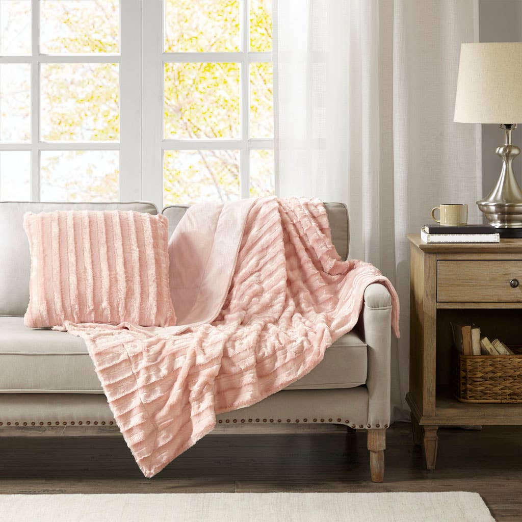 Ultra-Soft Plush Long Fur Throw Pillow and Blanket, Blush