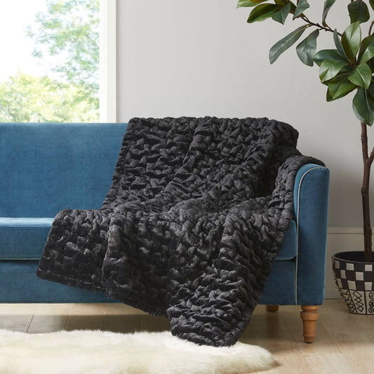 Ruched Long Fur 50x60" Throw Blanket, Black