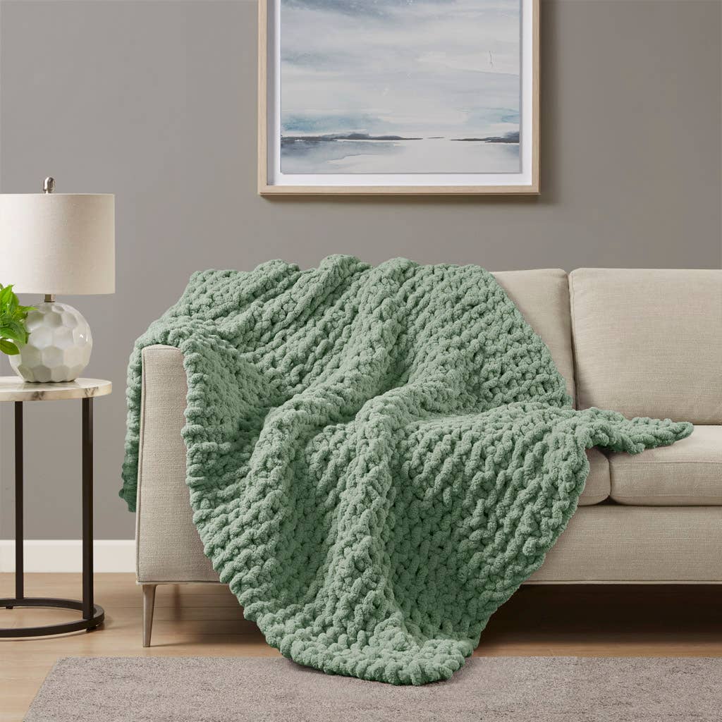 Handmade Chenille Chunky Knit Throw 50x60", Sage Green