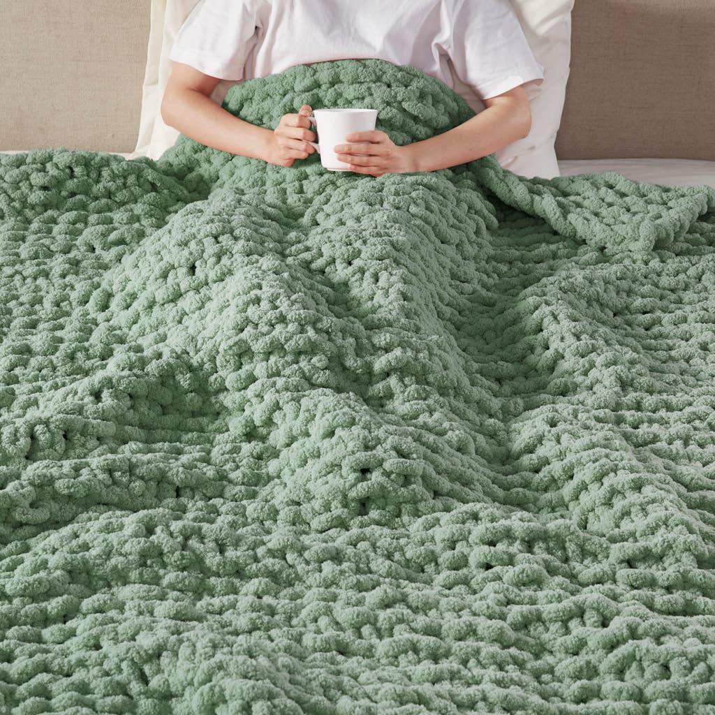 Handmade Chenille Chunky Knit Throw 50x60", Sage Green