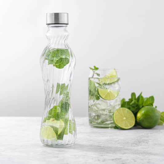 6 Fluted Glass Water Bottles with Stainless Steel Caps