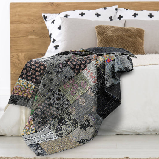 Gray Haze Quilted Boho Kantha Throw Blanket