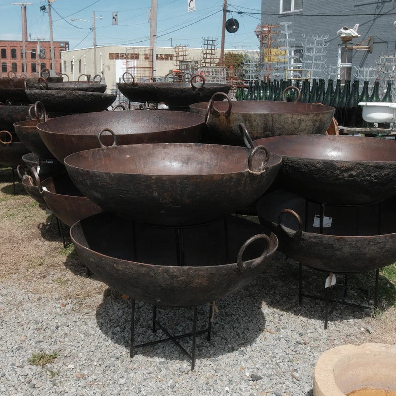 Vintage Outdoor Fire Pit from India with Stand, Rustic Metal Bowl, Antique Cooking Bowl